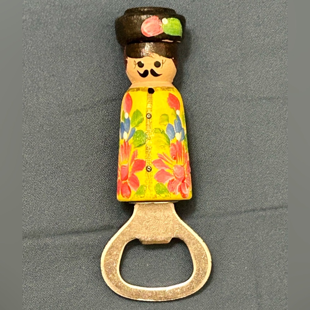 Bottle Opener Vintage Budapest Hand Painted Wood Retro Kitschy Folk Barware MCM